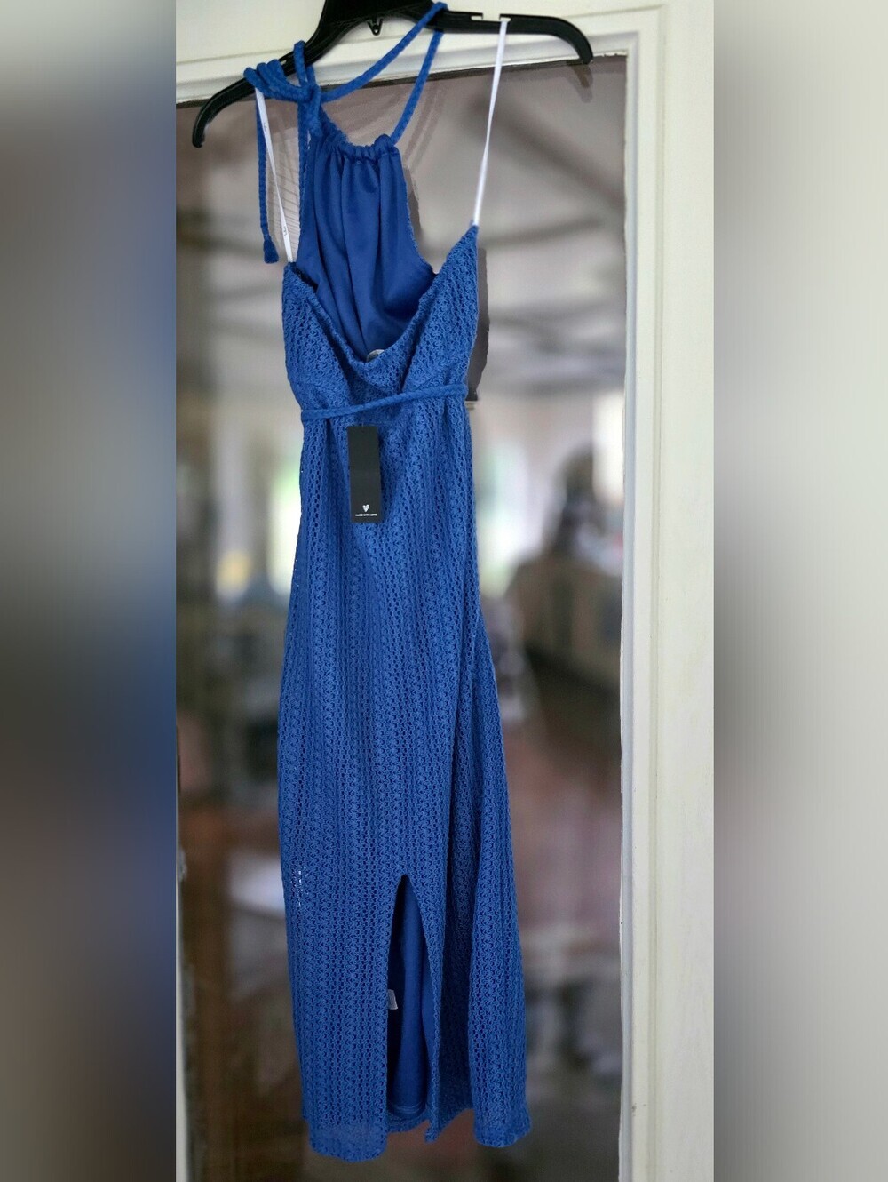 New Lulu's Royal Blue Crochet Halter Midi Dress Sz Medium M - Picture 3 of 5